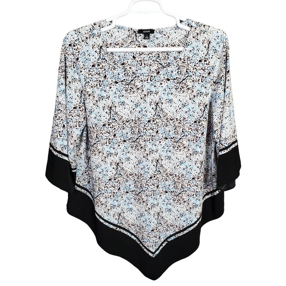 Alfani Sz 2X Blouse Tunic Pullover Silky Point Hem Splatter Pullover Blue Brown - Picture 2 of 7
